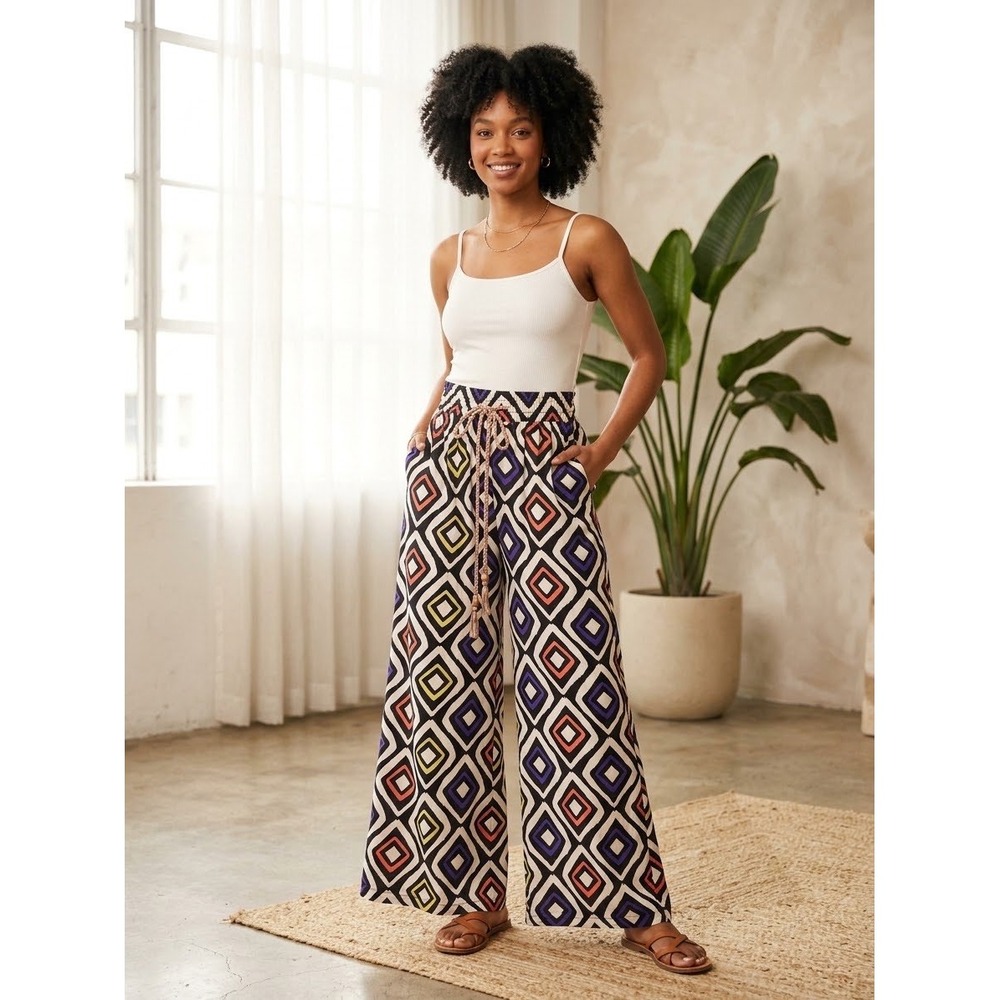 Desigual Geometric Diamond Print Wide Leg Palazzo Pants Multicolor Small